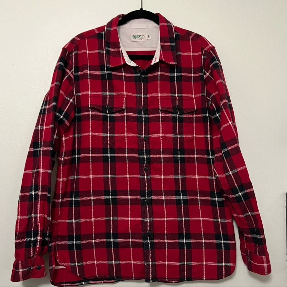 Wellen Men's Organic Cotton Heavy Flannel Red Black‎ Plaid Button-Up XL shacket